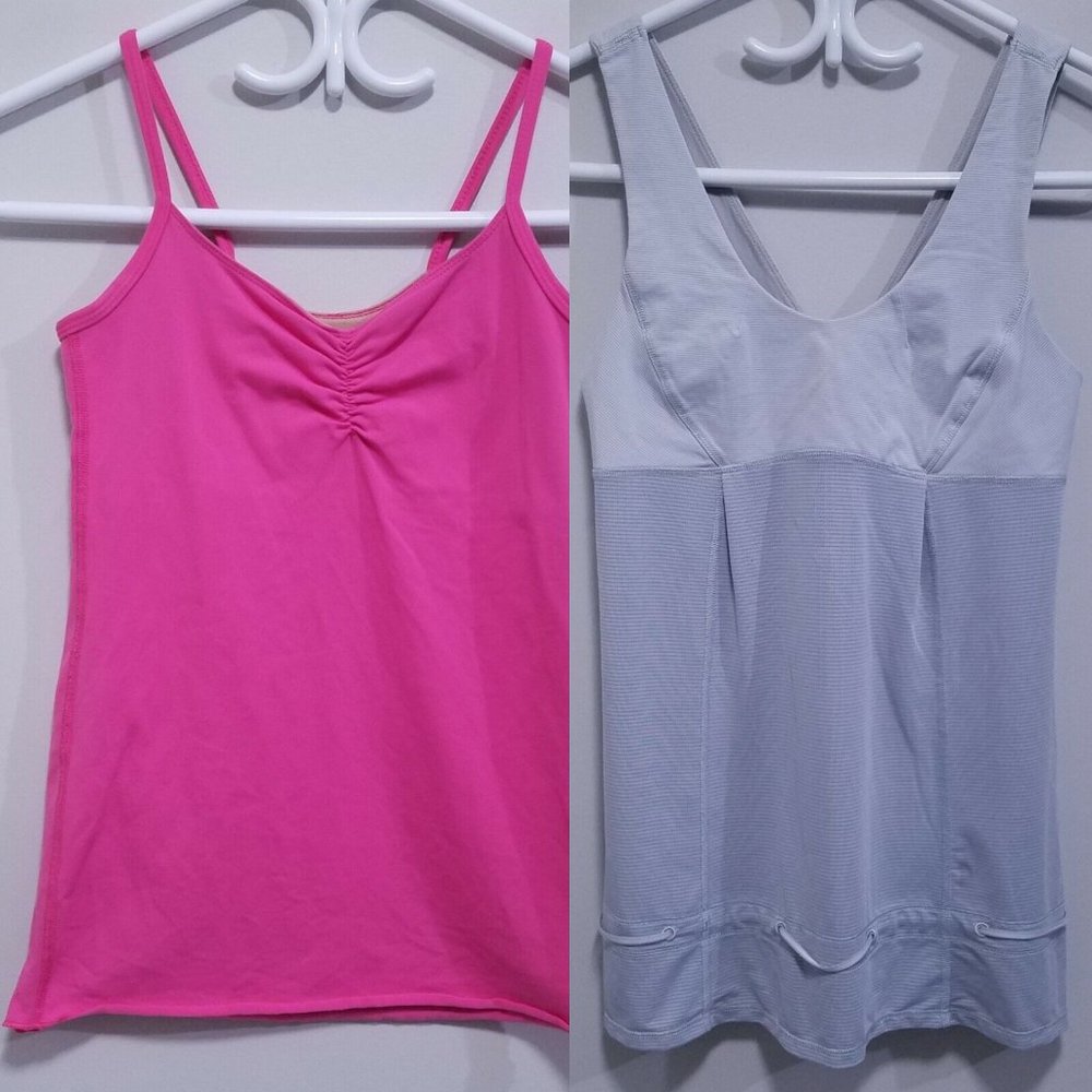 2 Lululemon Pink Ruched Gray Tank Tops Size 4 XS Shirt Wet Dry Warm Bundle
